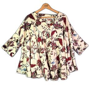 Easel Swing Top Cream Burgundy L Botanical Bird Print Oversized Boho